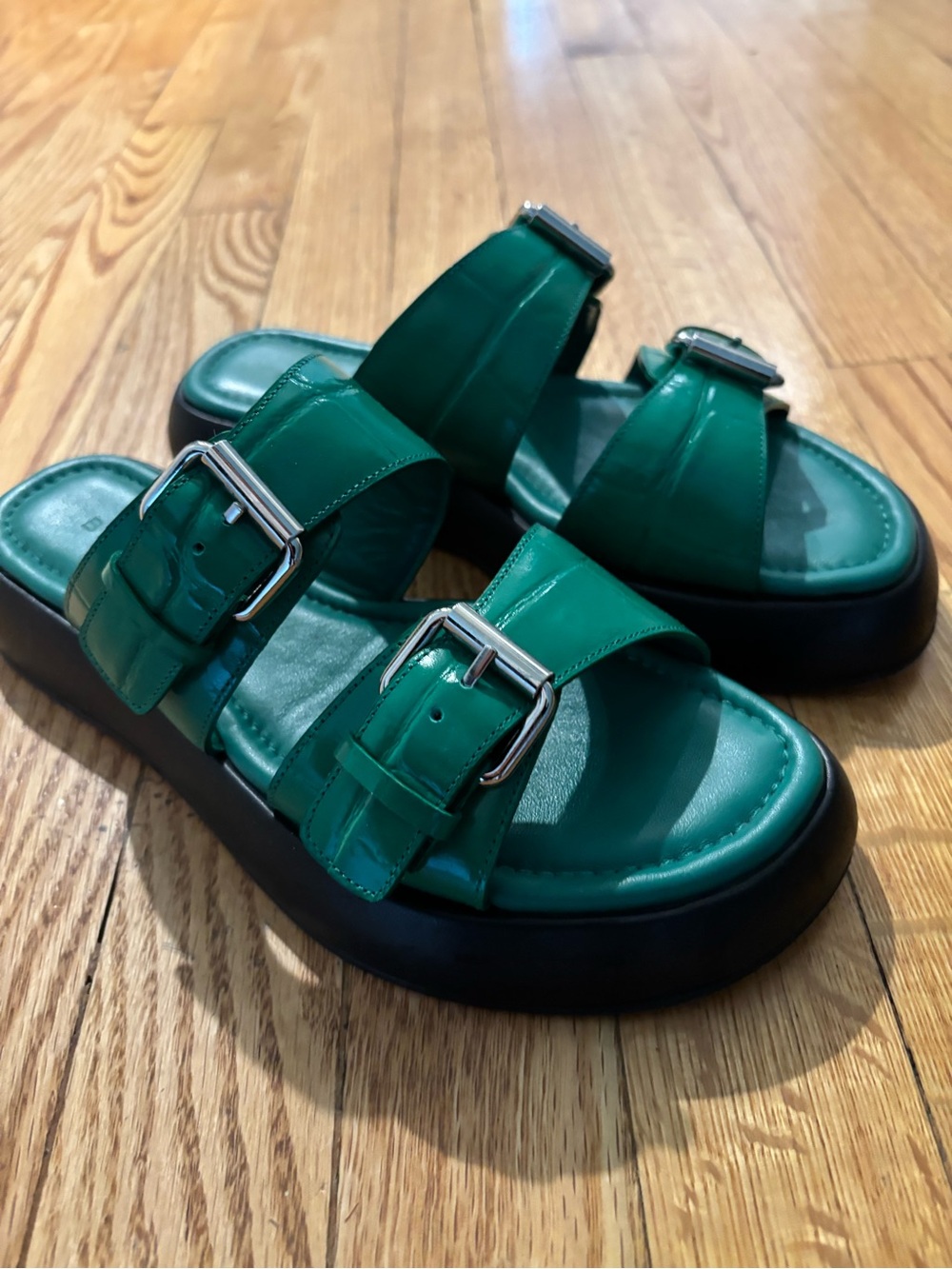 BY FAR Emerald Green Double-Buckle Slide Sandals
